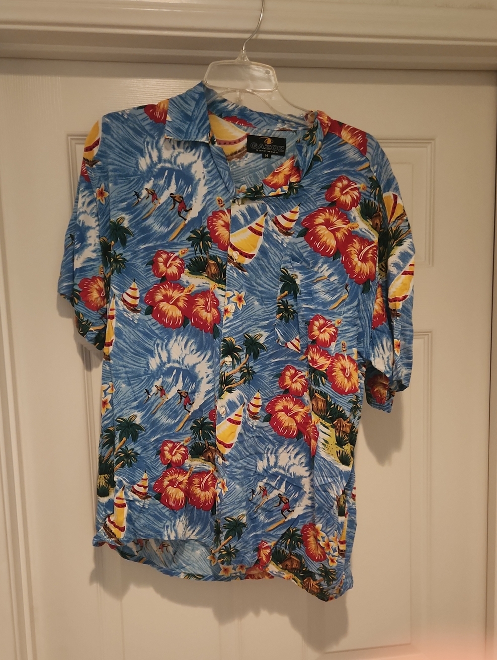 Blue Short-Sleeve Hawaiian Shirt with Red and Yellow Floral Print